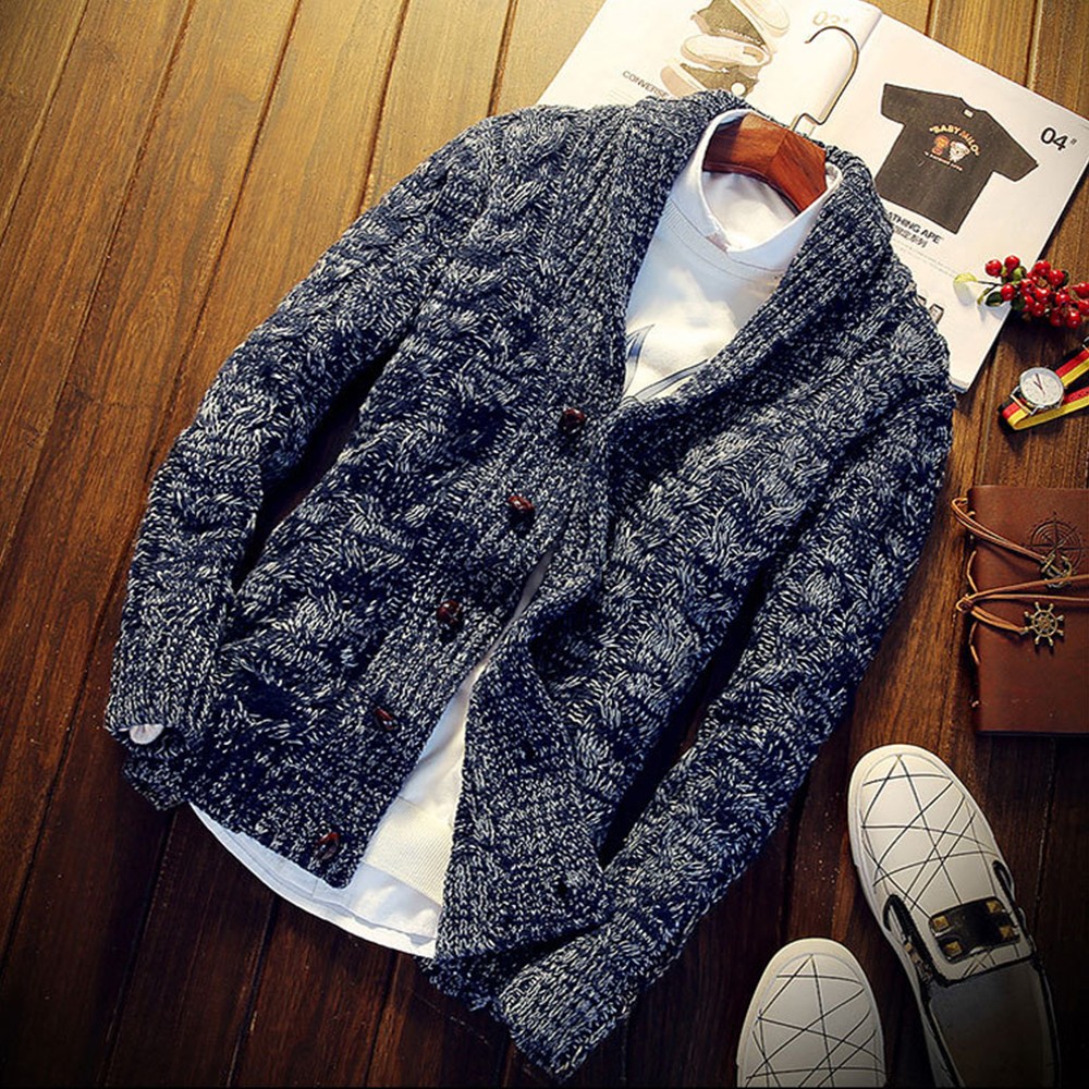 Mens Knitted Shawl Collar Cardigan Sweater Braided Jacket Thermal Winter Jumper