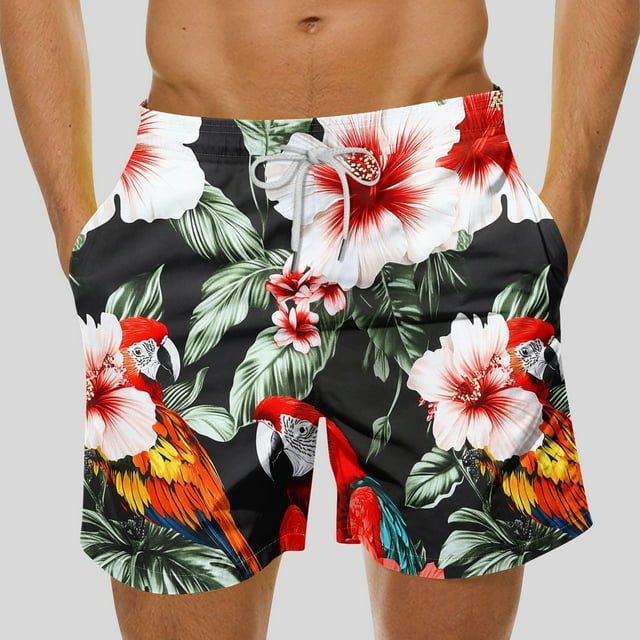 Swim Shorts for Men, Hawaiian Floral Print, Four-Way Stretch Fabric, Elastic Drawstring Waist, Side and Back Pockets, Mid-Rise Fit