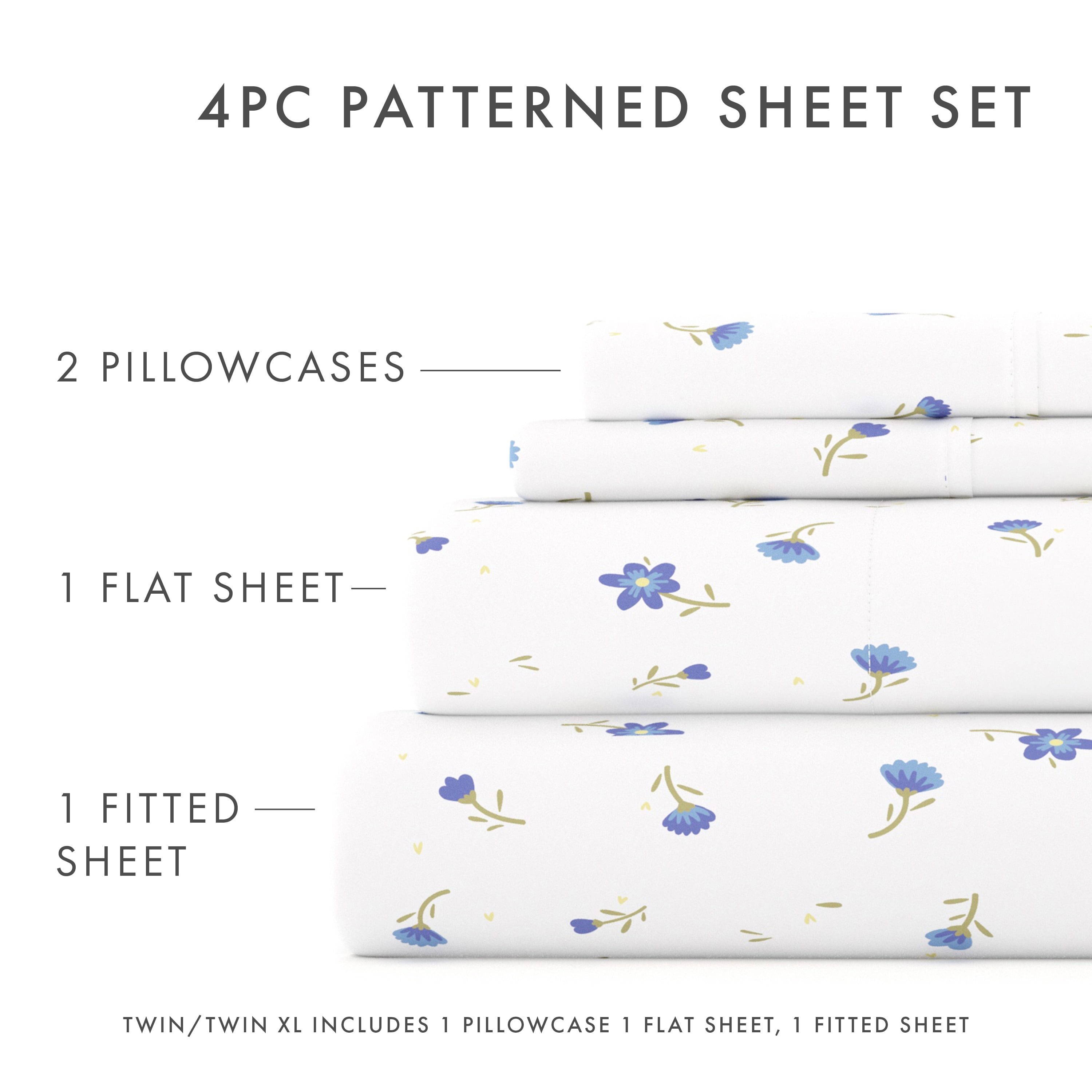 Noble Linens 4 Piece Pattern Microfiber Bed Sheets Set, Light Blue Floral, Full