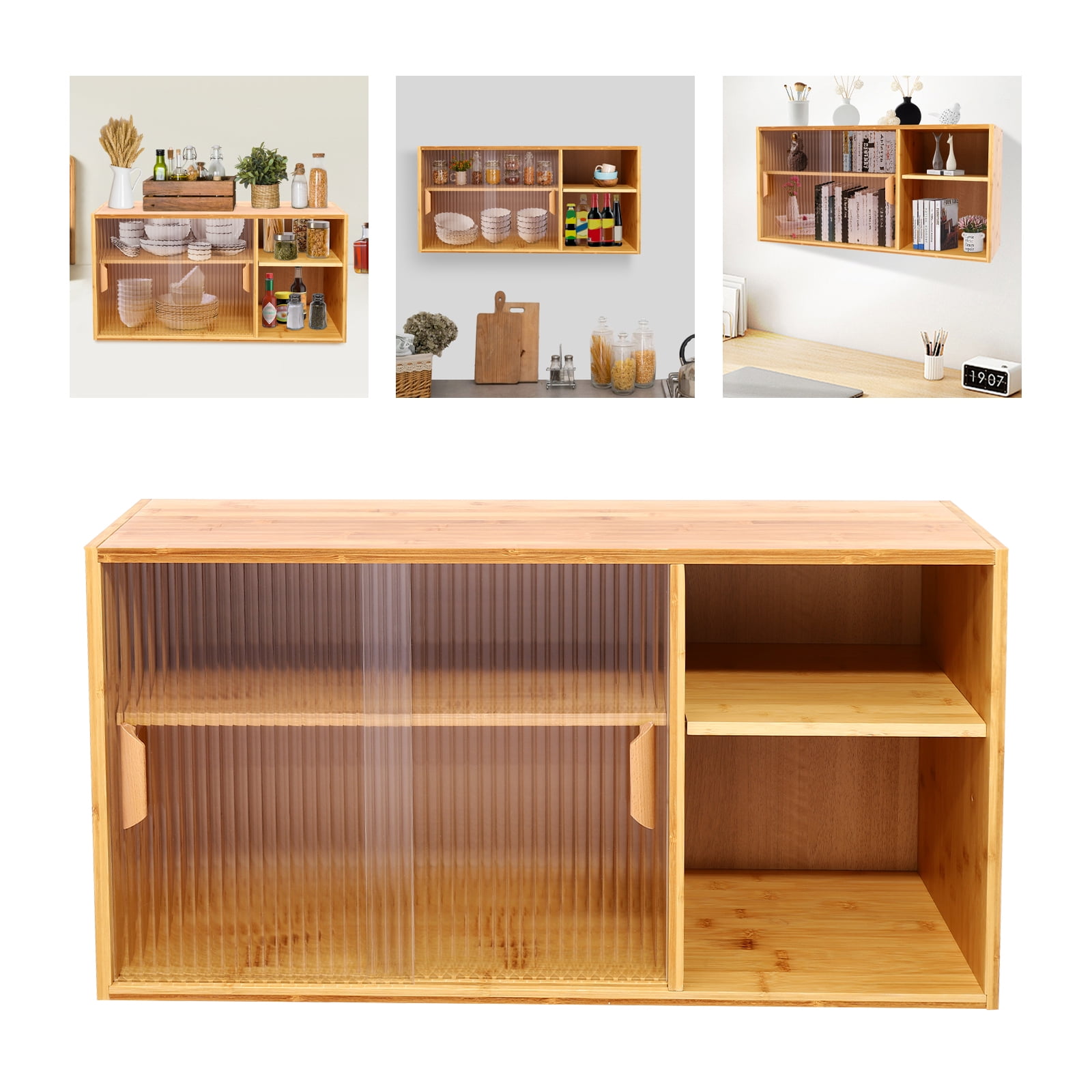 Kitchen Pantry Cabinet, Wall Mounted Bamboo Pantry Sideboard Wood Small 2-Tier Countertop Storage Cabinet with Sliding Glass Door Food & Utensils Cupboard for Dining Room, Home