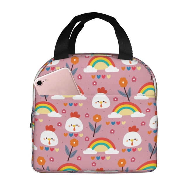 Fotbe Cartoon Chicken Bolsa Térmica con Estampado y Forro de Aluminio Grueso Bolsa de Almuerzo con Bolsillo Frontal para Hombres y Mujeres, Ideal para Trabajo, Escuela