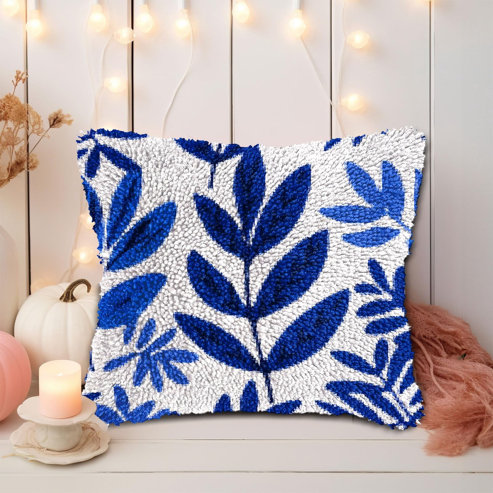 Tropical Leaves DIY Latch Hook Pillow Kits for Adults Printed Pillowcase Crochet Yarns Hooking Handmade Pillow Cover Cushion for Home Sofa Decoration 17x17inch(1)