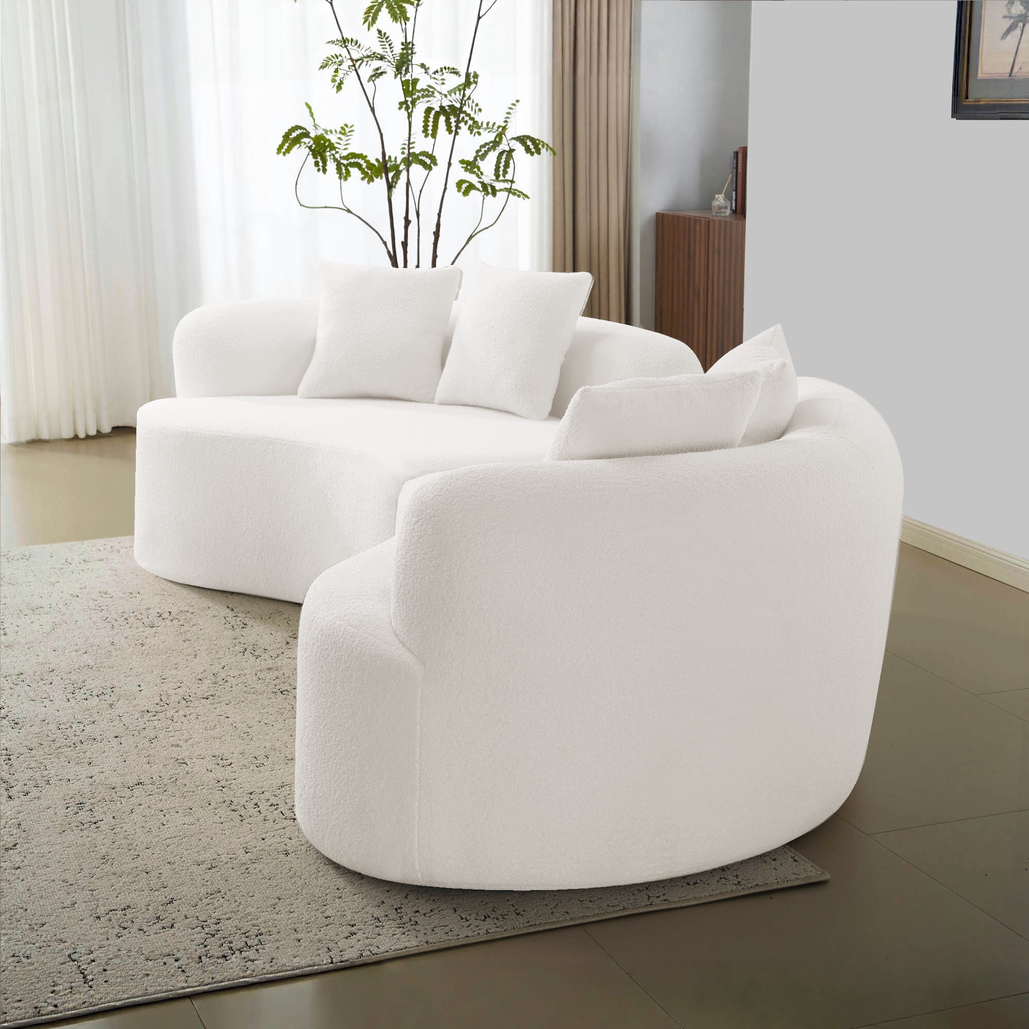 Curved Four Seater Sofa 106.7 Inch, Teddy Velvet Fabric Compression Sponge Couch, No-Assembly Compact Sofa for Apartments, Cloud-Like Comfort, White