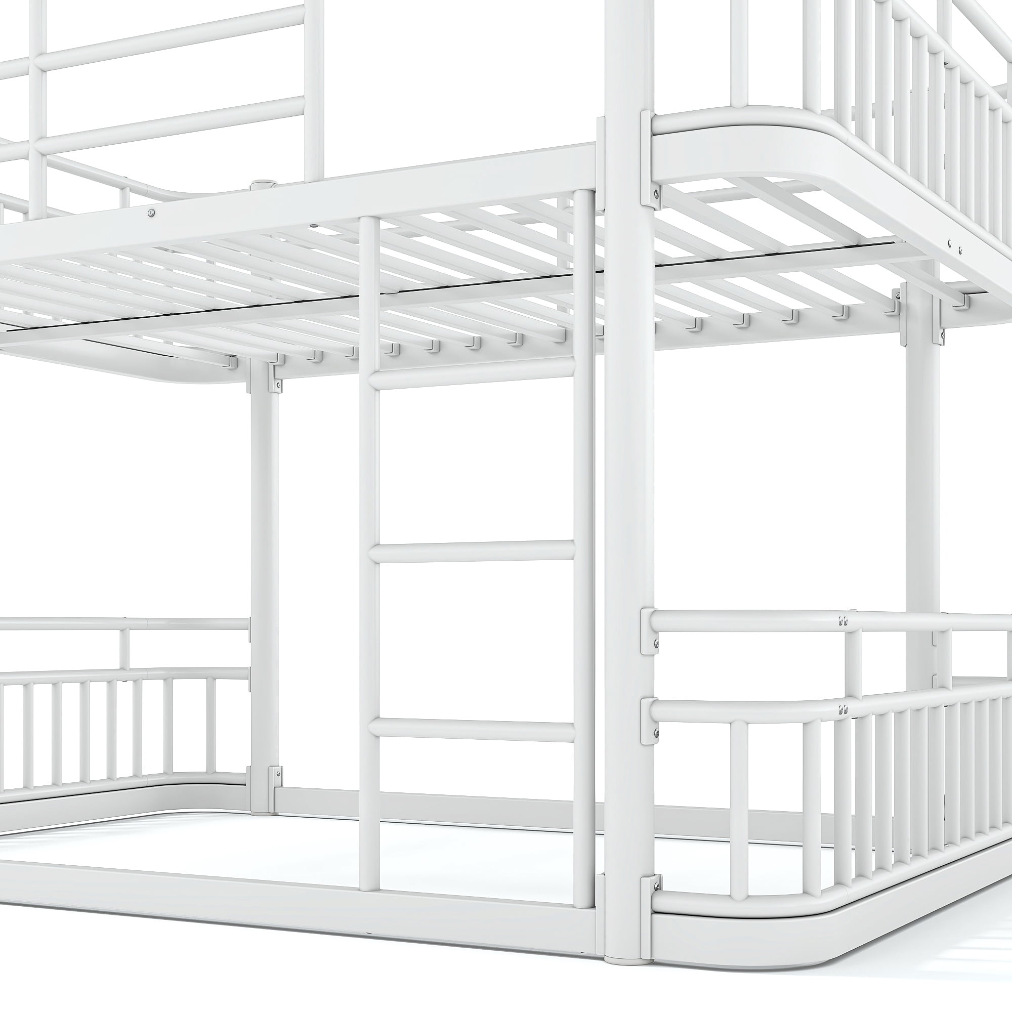 Full Over Full Bunk Bed 76.8 Inch, Metal Bed Frame with Ladder and Guardrails for Kids Teens Adults, Sturdy Round Pipe Construction, No Box Spring Needed, White