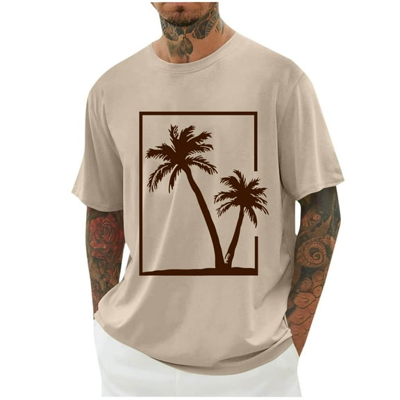 ZCFZJW Mens Fashion T-Shirts Tropical Palm Tree Print Summer Short Sleeve Regular Fit Basic Crewneck Beach Vacation Tees Tops Loose Soft Cotton Pullover Khaki L