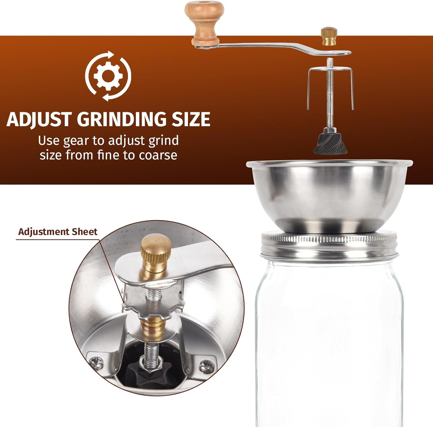 Mason Jar Coffee Grinder, Manual Coffee Grinder Lid Attachment for Wide Mouth Mason Jars, Stainless Steel Mason Jar Lid and Ceramic Burr,Ideal for Camping & Home Barista