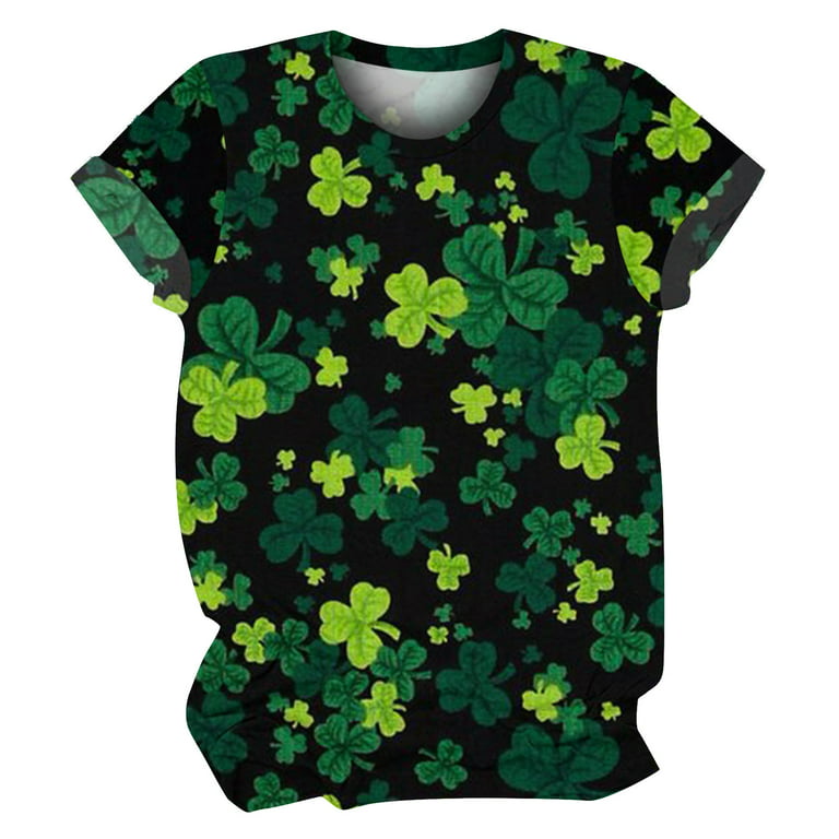 HAPIMO Savings Women's St.Patrick's Day Shirt Round Neck Tee Shirt Clover  Graphic Print Pullover Cozy Casual Tops Short Sleeve Shirts for Women Lucky  Green Day Gifts Black XXL 
