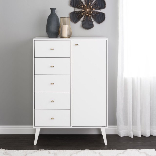 Prepac Milo Mid-Century Modern 5-Drawer Chest with Door