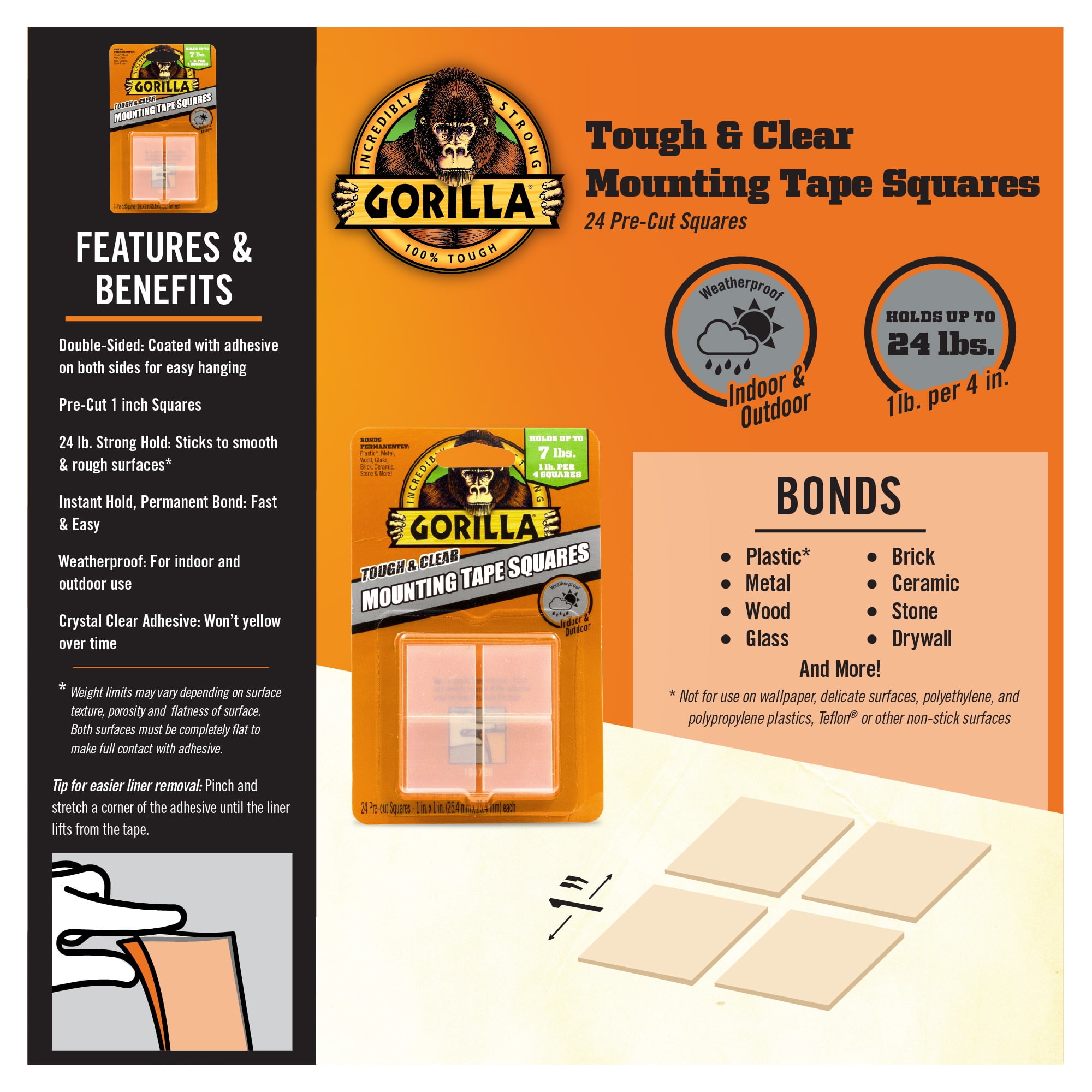 (2 pack) Gorilla "Tough & Clear" Acrylic Foam Adhesive, 1" Mounting Tape Squares, 24 Pieces