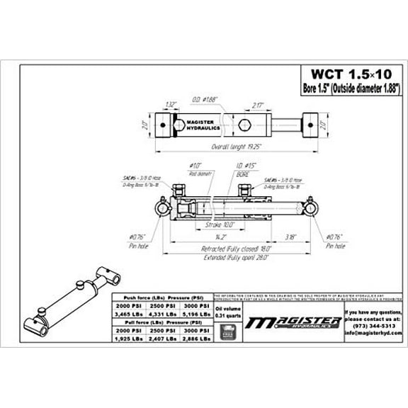 Magister Hydraulics Double Acting Hydraulic Cylinder - Cross Tube Hydraulic Cylinder 1.5" Bore 10" Stroke - UniversalHydraulic Cylinders (1.5x10)