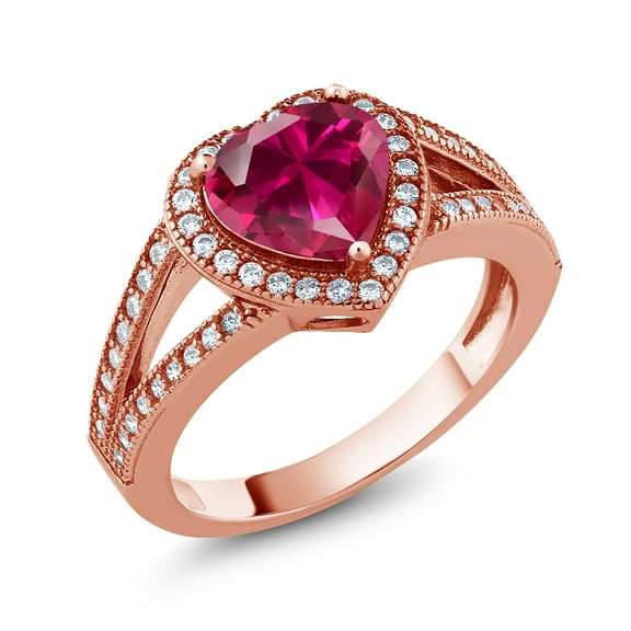 Gem Stone King 18K Rose Gold Plated Silver Ring Heart Shape Created Ruby and Moissanite (1.99 Cttw) (Size 6)