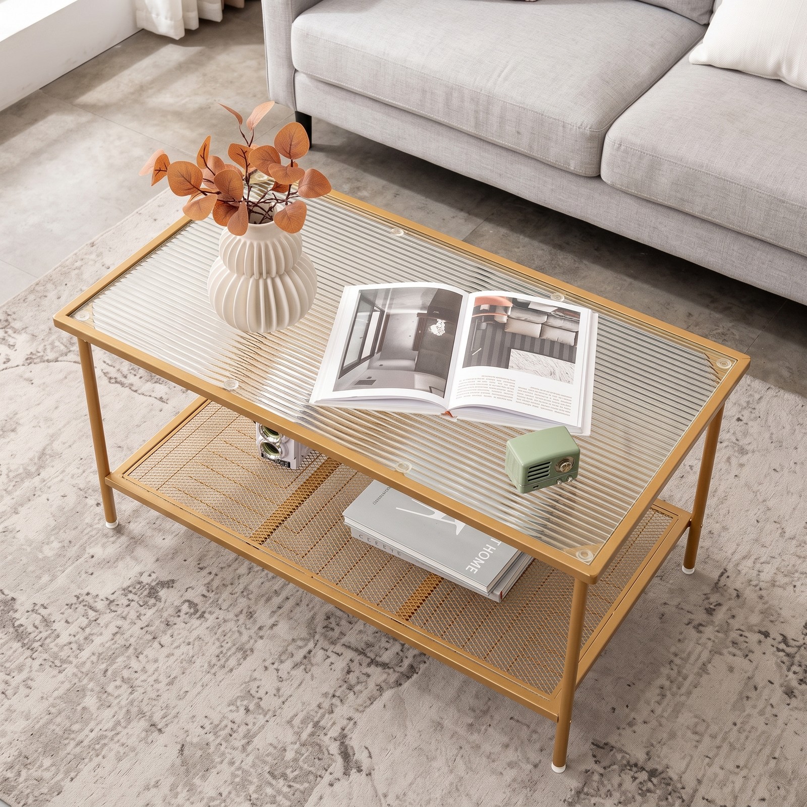 Furnibear 2-Tier Coffee Table with Tempered Glass Top and Storage Shelf, Modern Metal Frame Center Tea Table for Living Room Home Office, Golden