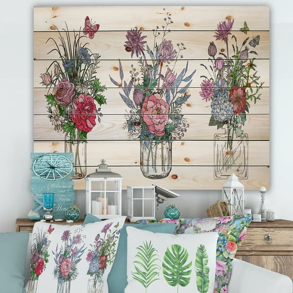 Designart 'Transparent Vases With Bouquets of Wildflowers I' Farmhouse Print on Natural Pine Wood