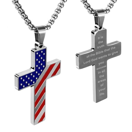 Cross Necklace for Men, Stainless Steel American Flag Pendant Chain with Bible Verse, Christian accessories Gift for Men, Baptism & Faith Gifts