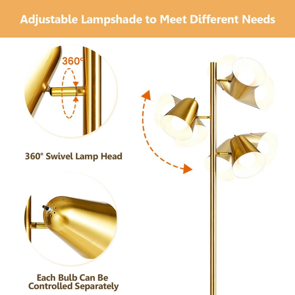 Topcobe 64" 3-Light LED Floor Lamp Reading Light for Living Room Bedroom, Standing Lamps for Bedroom Office Kid Room-Golden