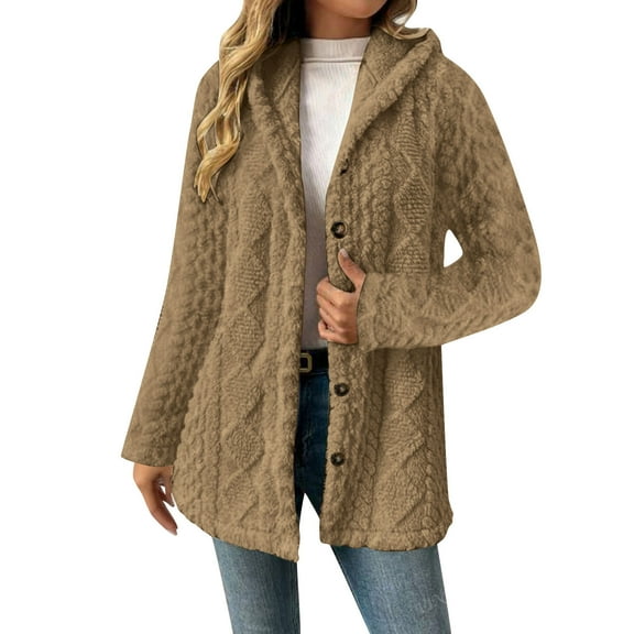 RQYYD Fleece Jacket for Women Winter Warm Button Down Hooded Coat Casual Soft Lightweight Fall Teddy Outerwear Fuzzy Coats