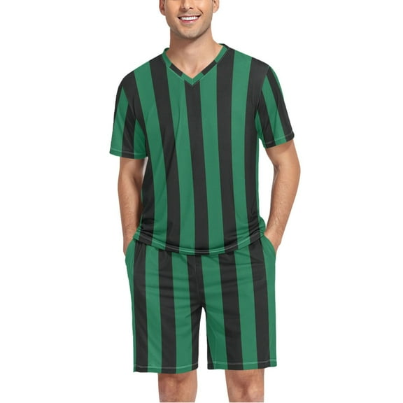 joogoo Men's Pajama Set Green and Black Stripes V-Neck Pj Shorts Set 2 Piece Loungewear Sleepwear L
