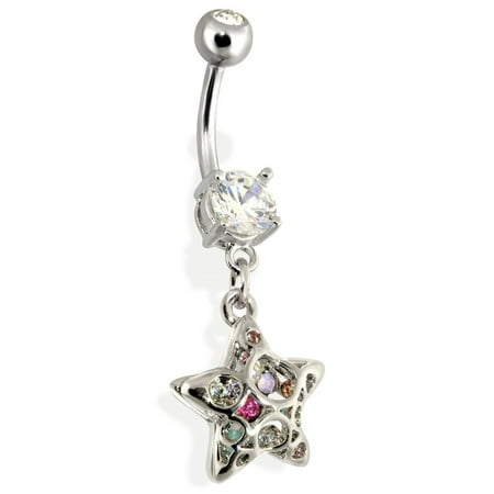 Steel 3D Star Navel Ring With Rainbow Paved Czs