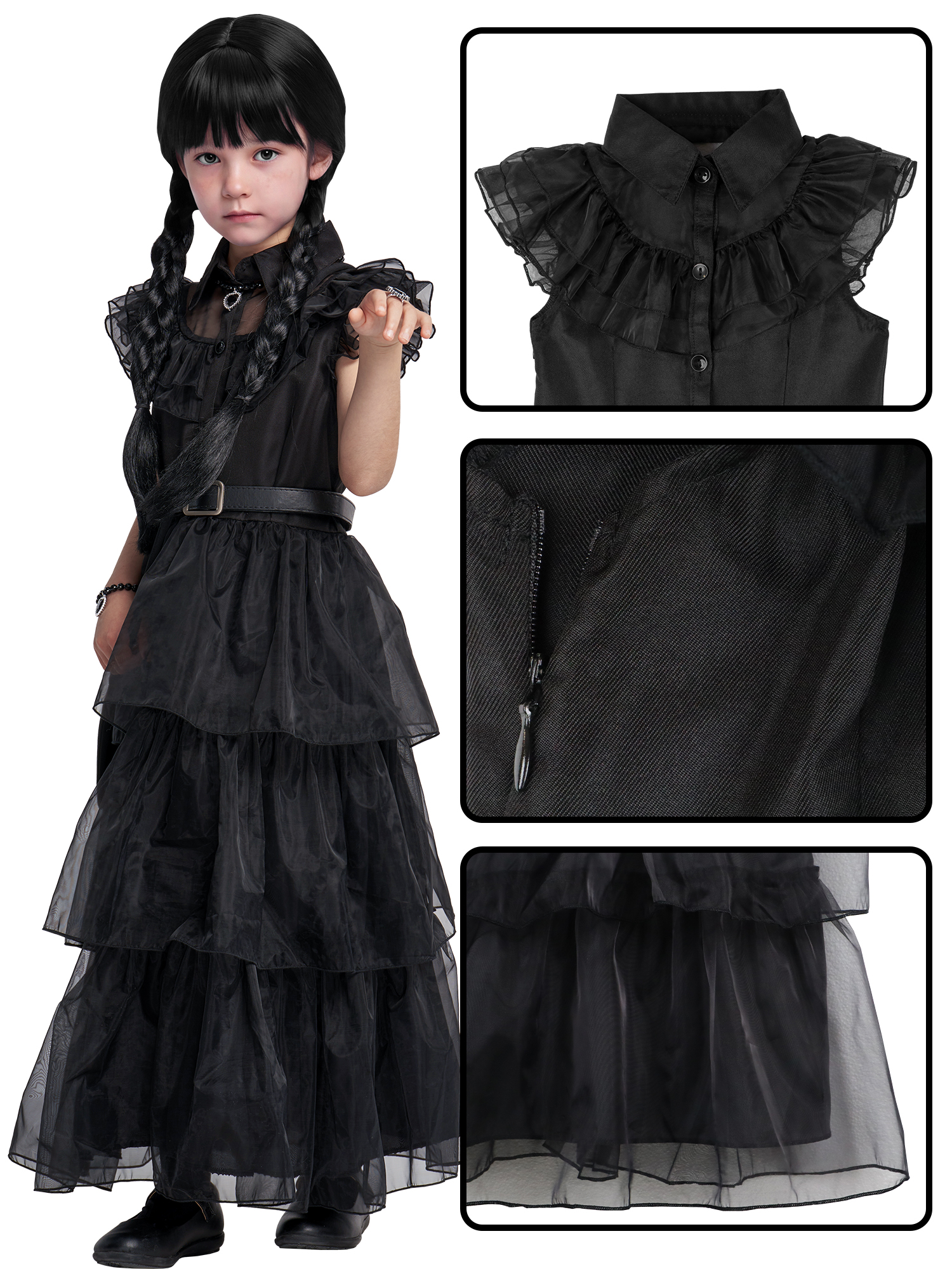 IKALI Girls Halloween Costume Fancy Dress with Wig, Black, 10-12 Yrs photo 5