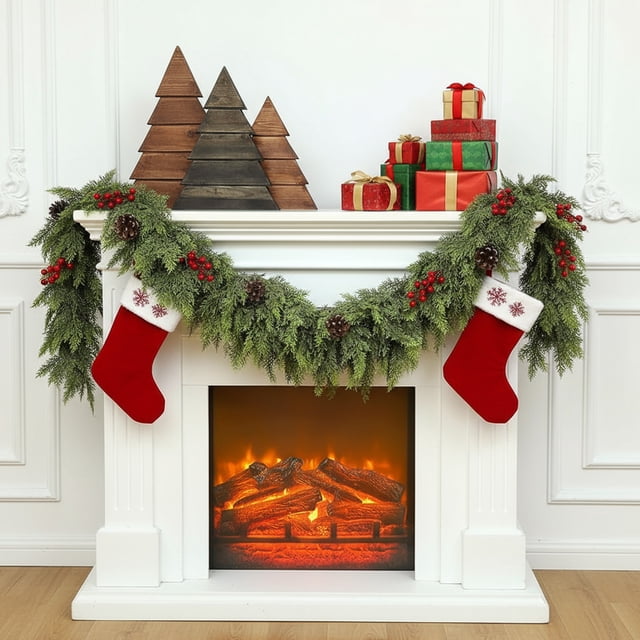 Ratán Decorativo De Plástico Guirnalda navideña artificial de piñas y hojas de pino, 1,5 m, verde, para decoración de chimenea, mesa o porche (1 unidad) Rkxzt