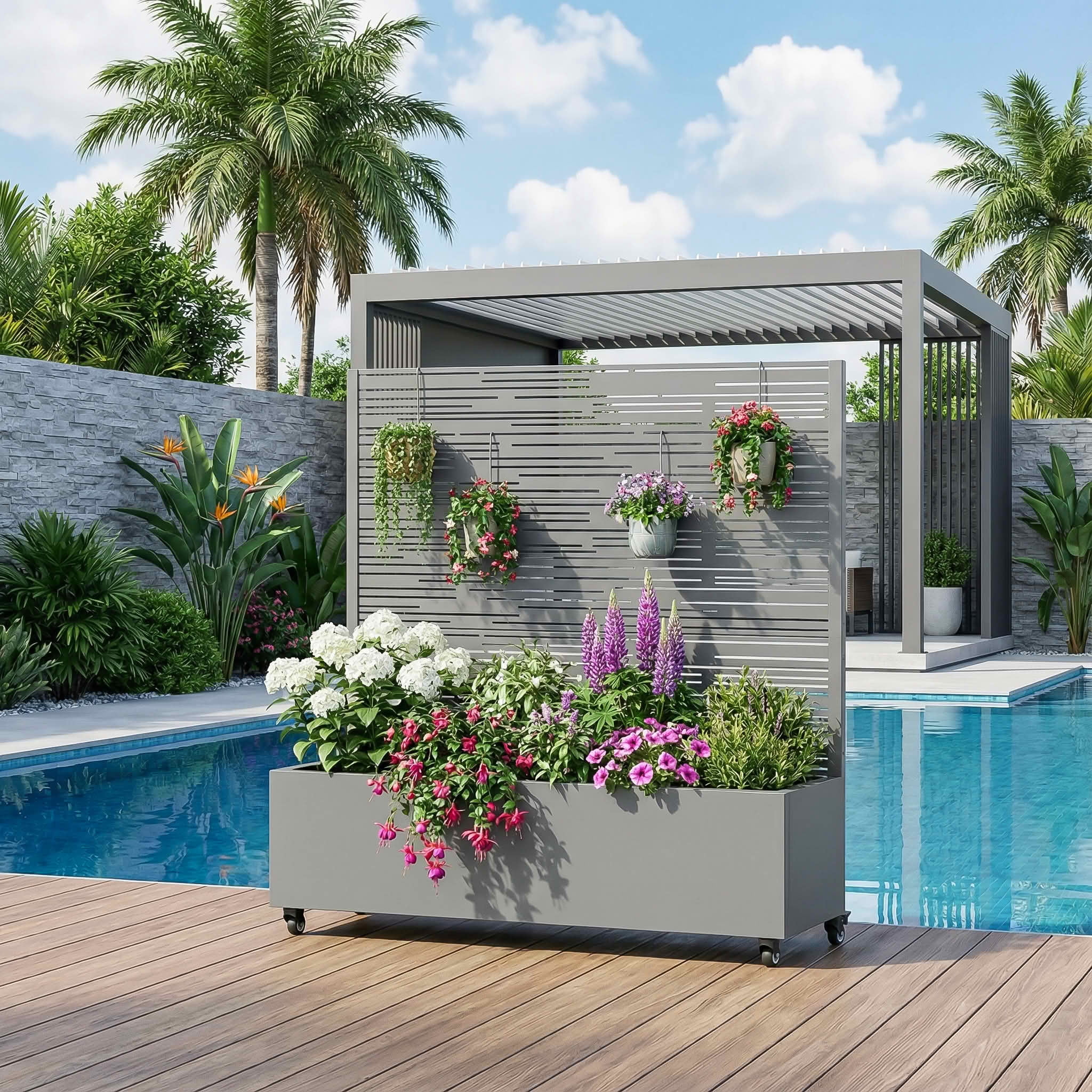 MAYEERTY 47X47" Metal Outdoor Gray Privacy Screen with Planter Box for Backyard & Garden, 3 Piece Set
