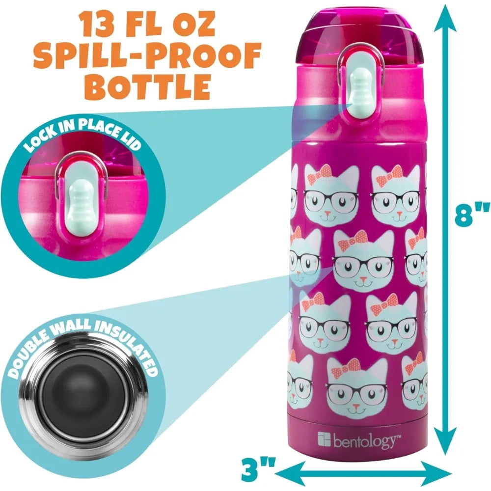 Bentology Lunch Bag Set w Matching Reusable Water Bottle & Hard Ice Pack- Pink Blue Kitty Cat- Insulated Tote, Stainless Steel Insulated Thermos, Hard Ice Pack- Perfect for Kids, Girls & Boys