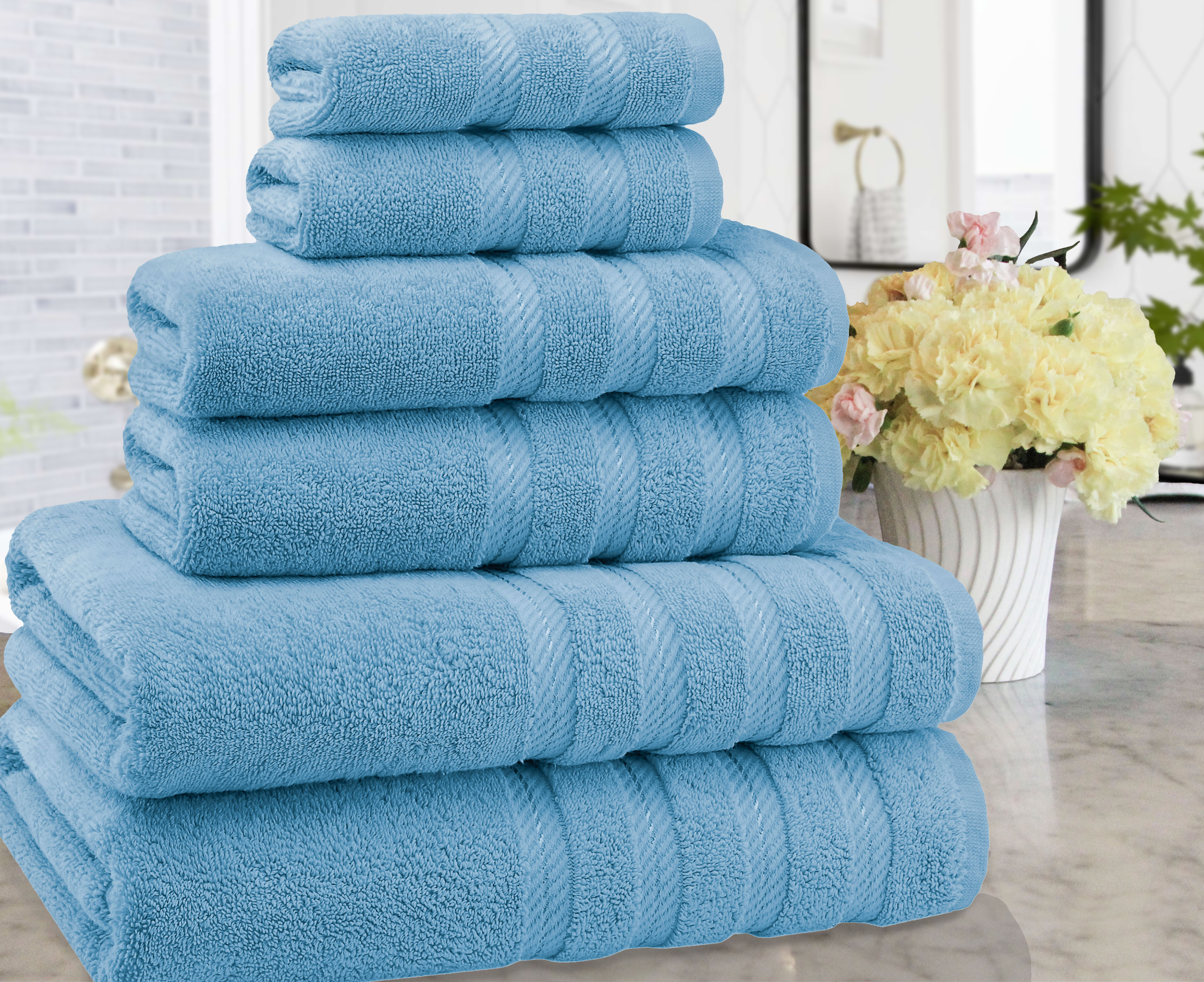 American Soft Linen Turkish 6 Piece Towel Set, 100% Cotton Premium Soft Bathroom Towels, Sky Blue