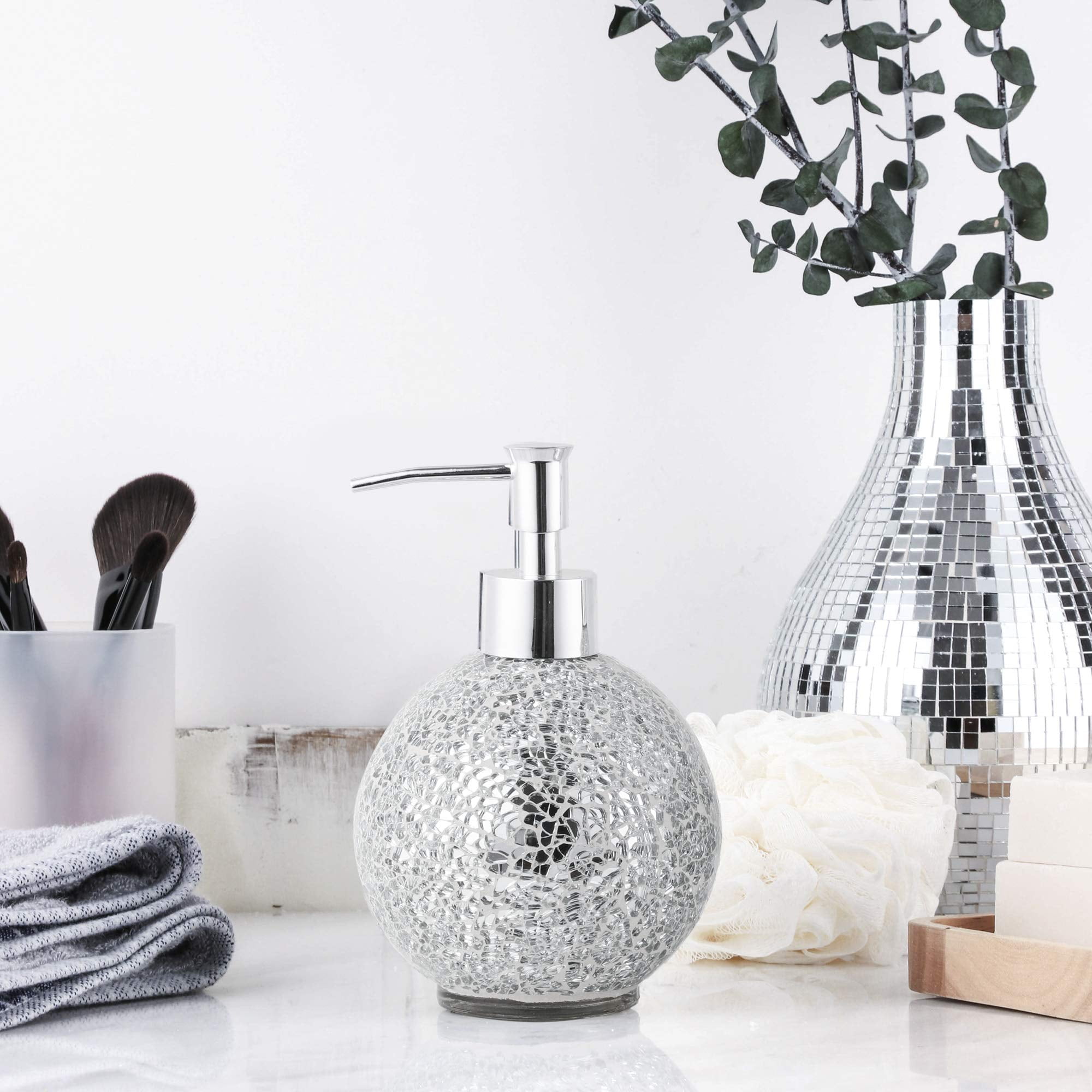 Glass Mosaic Hand Soap Dispenser-Lotion Bottle with Chrome Plated Plastic Pump-14 Ounce Set of 2 (Silver))