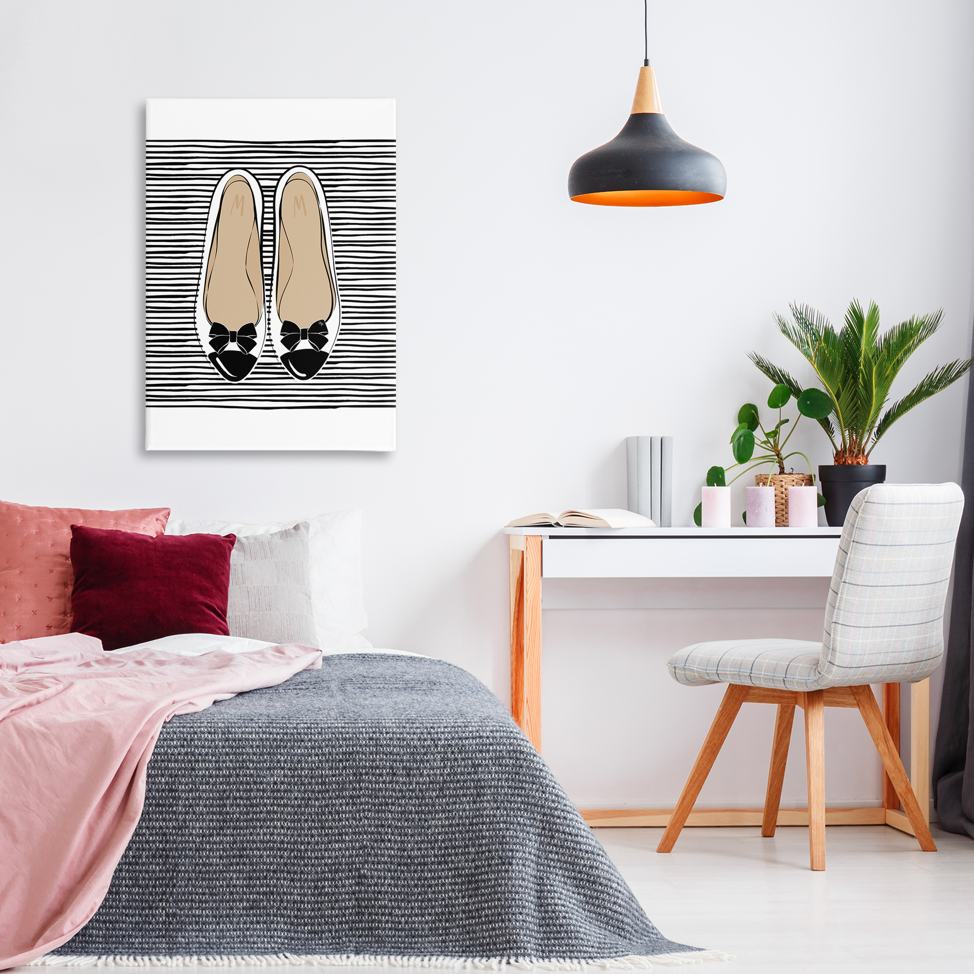 Stupell Industries Bow Flats on Stripes Beauty & Fashion Painting Gallery Wrapped Canvas Art Print Wall Art, 24 x 36