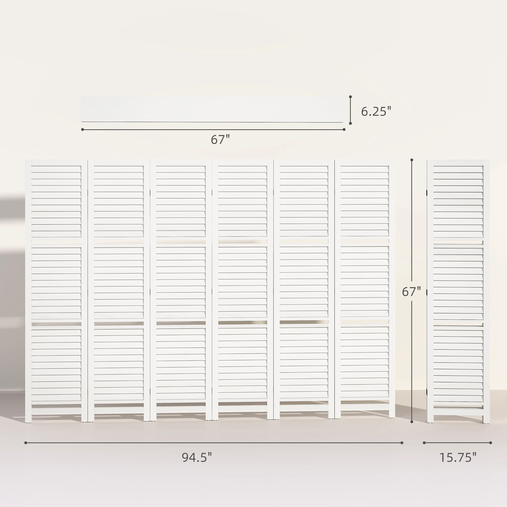 HOMCOM 6 Panel 67" Tall Wood Privacy Screen Room Divider with 3 Display Shelves, and Folding Storage for Bedroom or Home Office, White