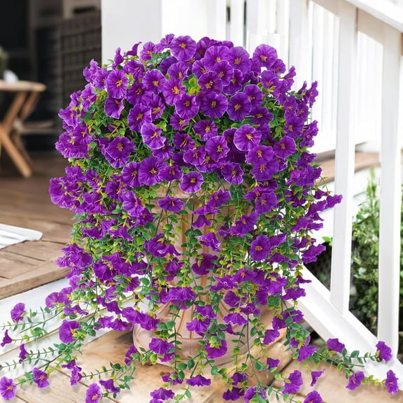 UU&T Artificial Fake Hanging Flowers for Outdoor, 4 Pcs Faux Silk Petunia Trailing Vines UV Resistant for Home Planter Porch Patio Decoration, Purple