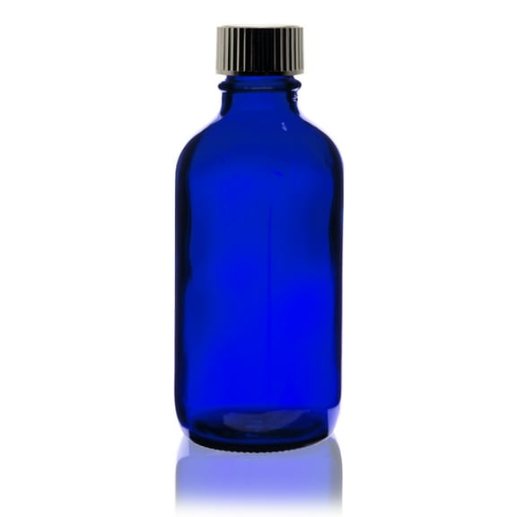 4 oz Cobalt Blue Boston Round Glass Bottle - w/ Poly Seal Cone Cap - pack of 4