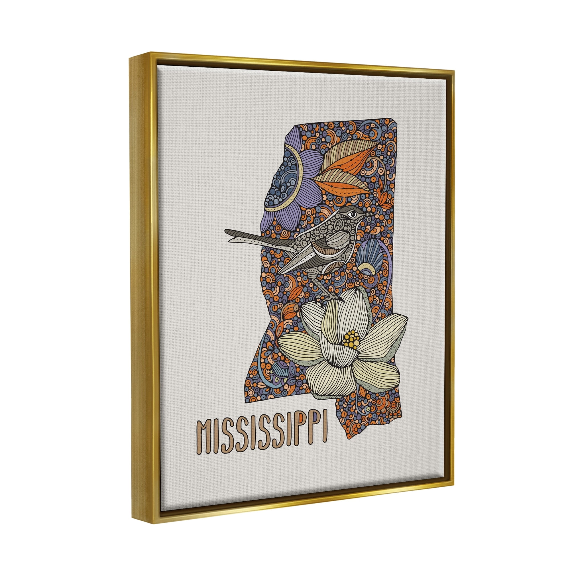 Stupell Industries Detailed Mississippi Bird & Flower Pattern Design Graphic Art Metallic Gold Floating Framed Canvas Print Wall Art, Design by Valentina Harper