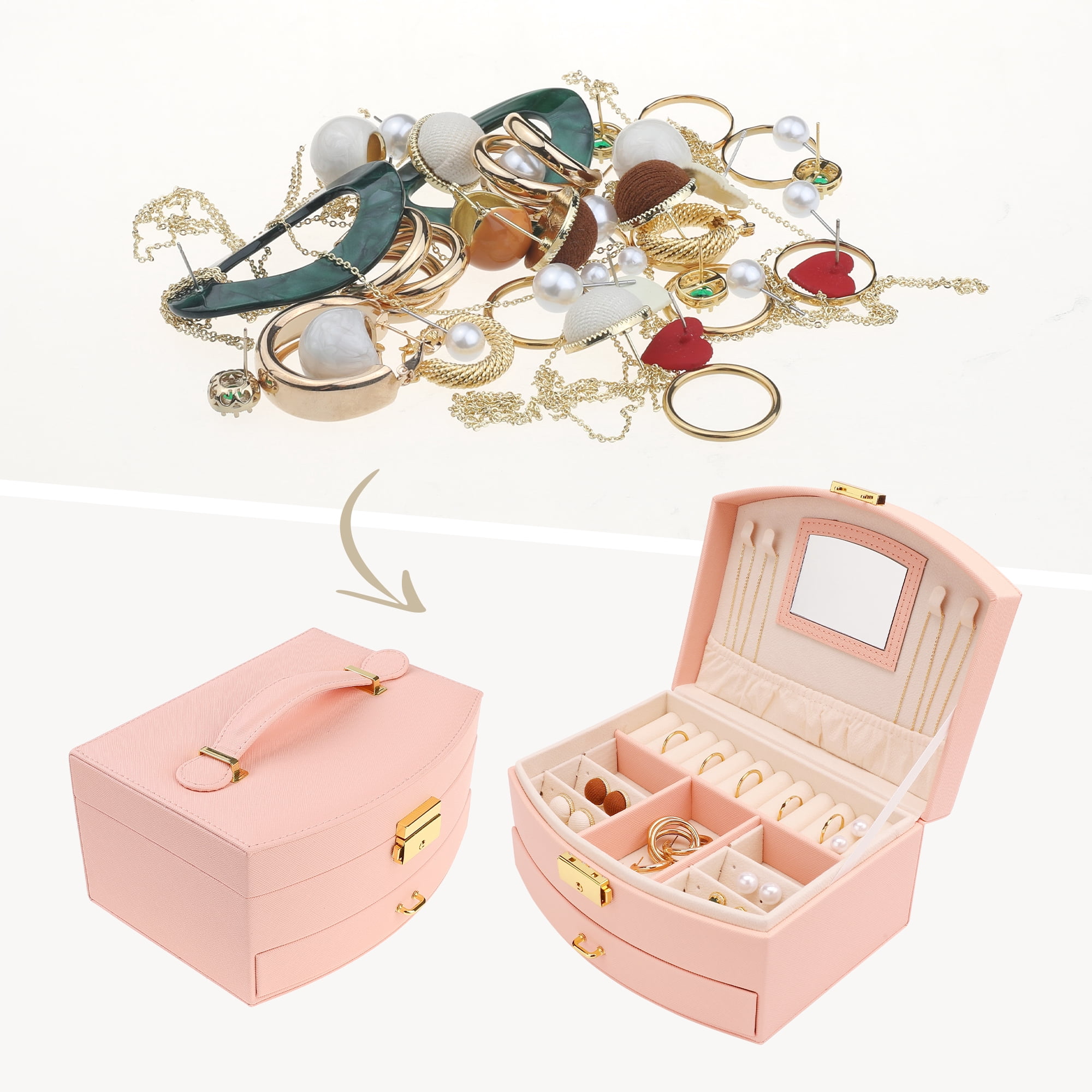 Unique Bargains 2 Layer Jewelry Box with Mirror PU Leather Removable Jewelry Tray Orange