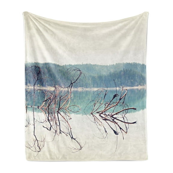 Driftwood Soft Flannel Fleece Throw Blanket, Nature Theme Branch of the Fallen Tree near the Mountain Lake and the Forest, Cozy Plush for Indoor and Outdoor Use, 50" x 70", Cream Green, by Ambesonne