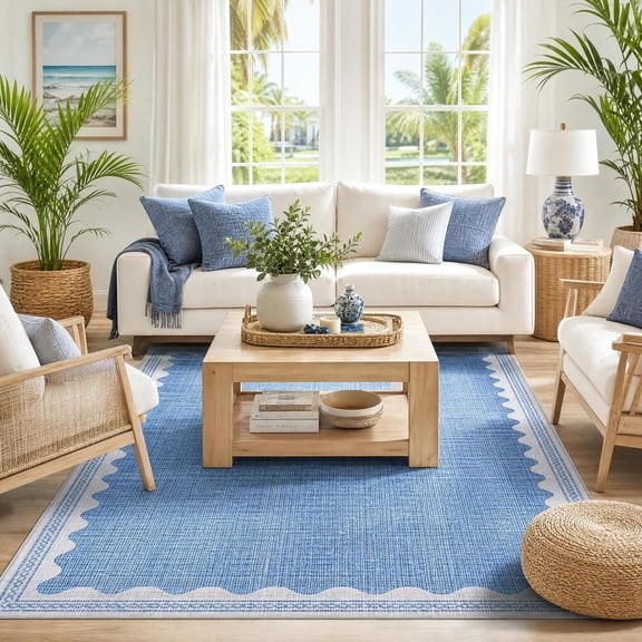 5x7 Rug for Living Room, Scalloped 5x7 Area Rugs Washable Non-Slip Solid Blue Modern Minimalism Low-Pile Carpet for Bedroom Dining Nursery Mat with Rubber Back
