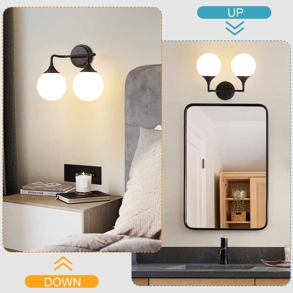 Deyidn 2-Light Black Modern Vanity Light, 14 Inch Dimmable Bathroom Light Fixture with Opal Glass Globes for Mirror
