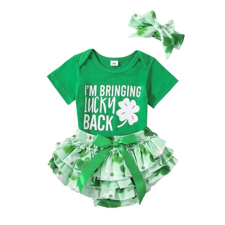 

Blotona Toddler Baby Girls St. Patrick s Day Set Short Sleeve Round Neck Romper Tops Lucky Clover Print Short Pants Casual Headband Ireland Day Outfits