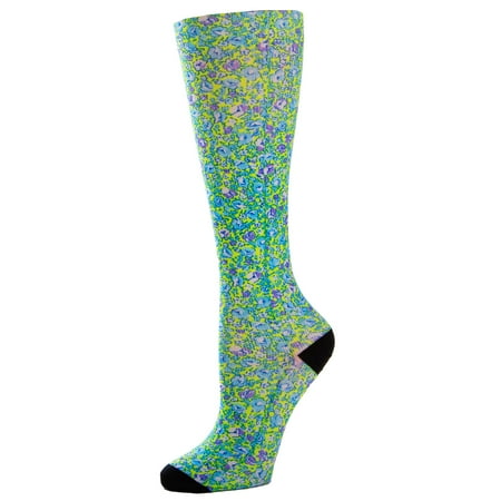 Celeste Stein Graduated Compression Knit Socks, Queen Wide Calf, 8-15mmHg, Lilac New Age Floral with Black Heel and Toe