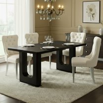 Sumdeal 5/7-piece dining and chair set includes a 64.5-inch black modern dining table and 4/6 velvet upholstered chairs, suitable for dining rooms, kitchens, and meeting rooms.