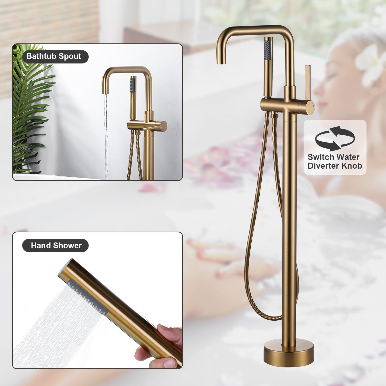 Wowow Single-Handle Freestanding Tub Faucet Floor Mount Bathtub Filler with Hand Shower in Gold