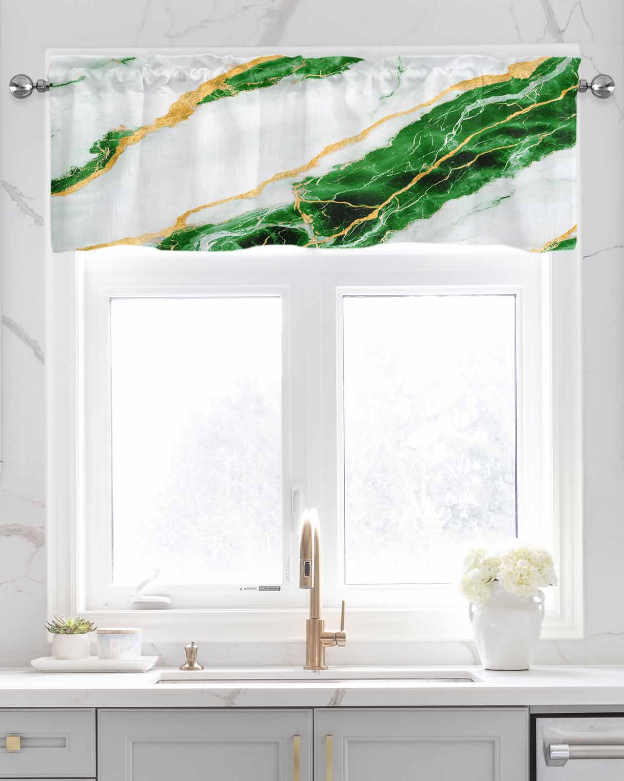 Marble Green Kitchen Valances for Windows Farmhouse Linen Window Valance Curtain for Living Room Window Treatment Gold Foil Ceramic Style Crack Scratch Valance Rod Pocket Topper Drape, 54 x 18 Inch