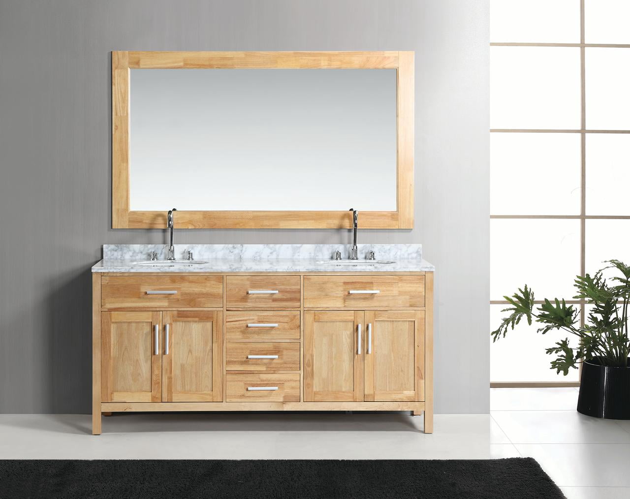 Design Element London 72" Double Sink Bathroom Vanity Set in Honey Oak Finish with Carrara Marble Top