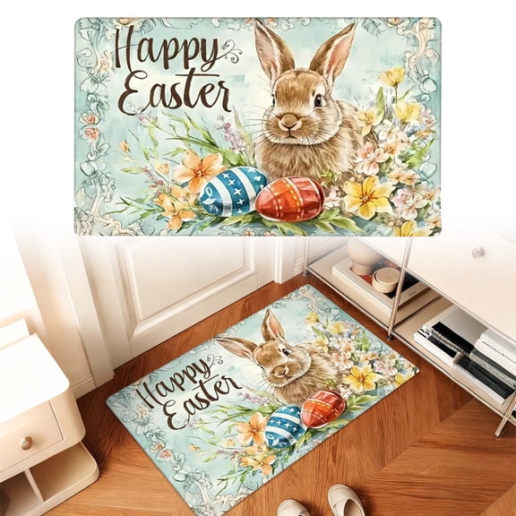 Easter Bunny Doormat, Non Slip Washable Kitchen Rug and Mat, Waterproof Farmhouse Easter Doormat, Kitchen Floor Mat Seasonal Doormat for Home Bathroom Holiday Easter Party Decor, 24*16 inch