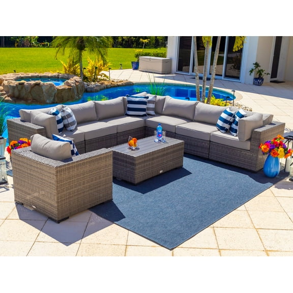 Sorrento 9-Piece Resin Wicker Outdoor Patio Furniture Sectional Sofa Set in Gray w/ Seven Sectional Seats, Armchair, and Coffee Table (Flat-Weave Gray Wicker, Polyester Light Gray)