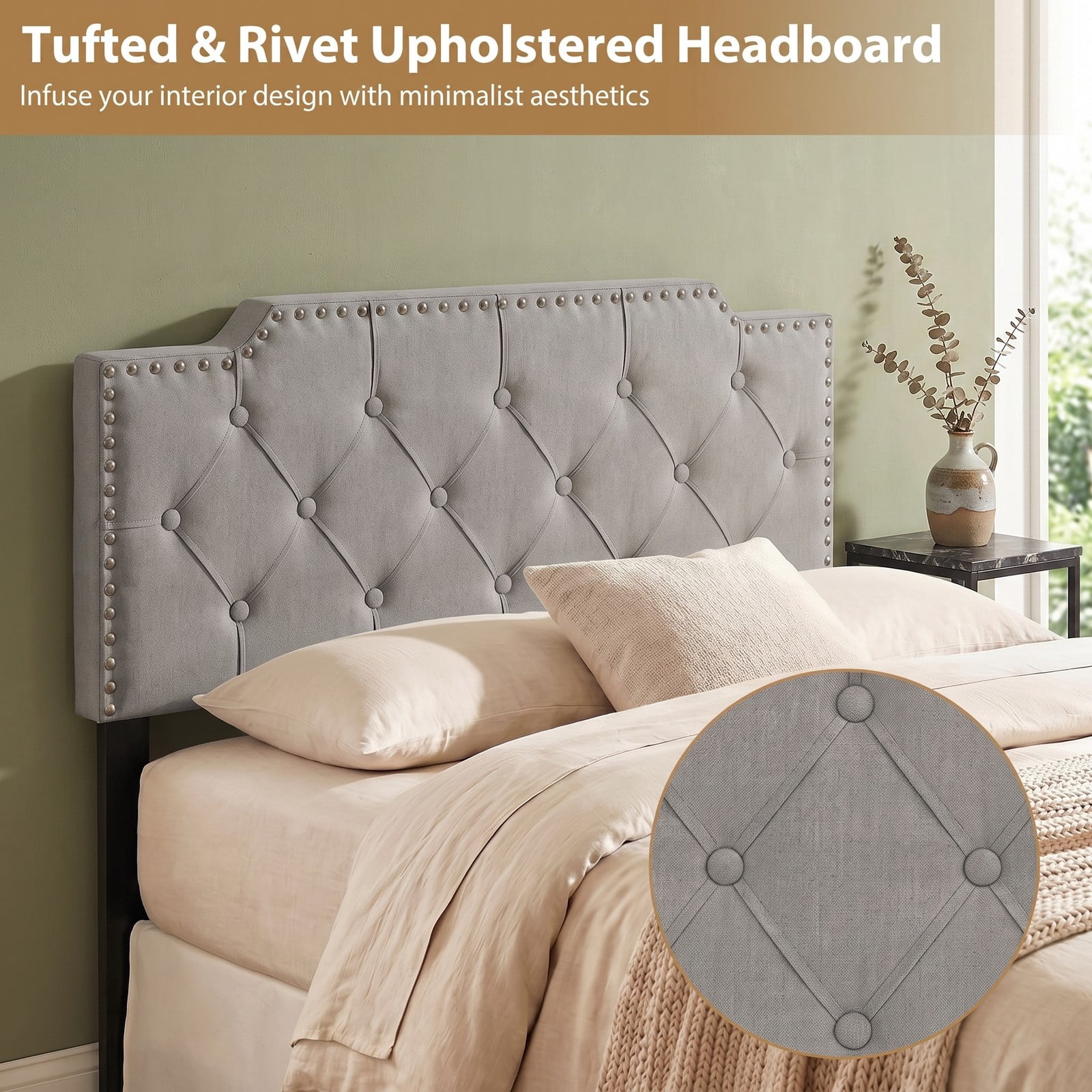 Furnibear Nailhead Trim Tufted Upholstered Headboard with 2 AC Outlets and USB and Type-C Ports for Full and Queen Beds, Gray
