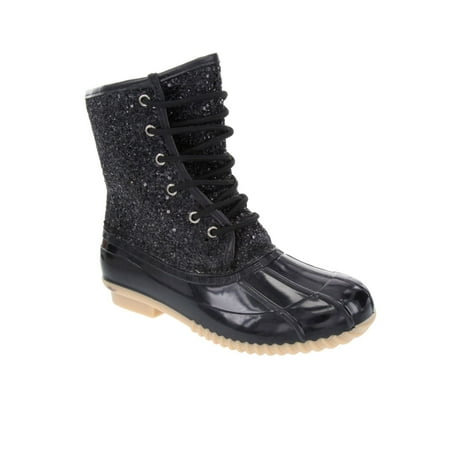 UPC 193605000176 product image for SUGAR Womens Black Sequined Glitter Skipper Round Toe Lace-Up Duck Boots 7 M | upcitemdb.com