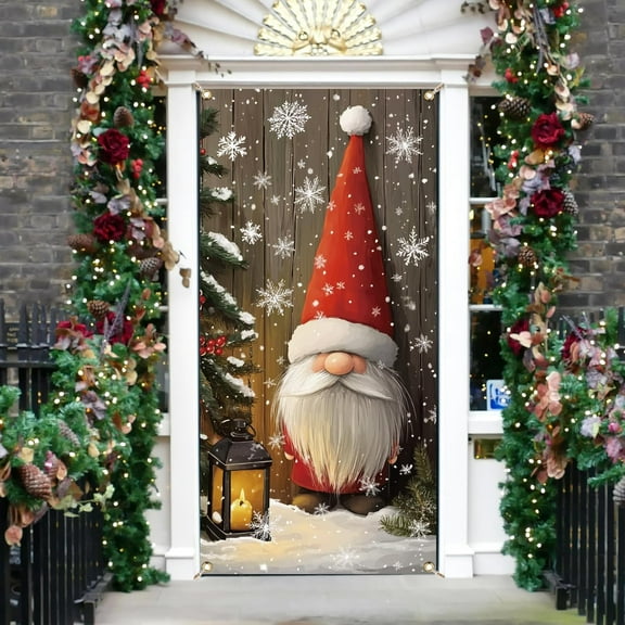 1 Pc Christmas Theme Party Door Cover Gnome Snowflakes Tree Lights Wood Board Patterns Door Banner Photography Background Christmas Party Supplies Decorations 35.4x72.8 Inch