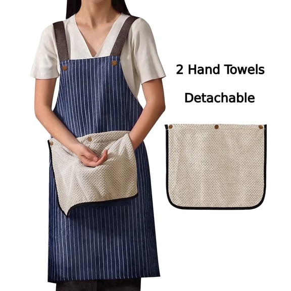 HonorHut Chef Kitchen Apron with 2 Removable Hand Towels Waterproof Striped Pinafore Bib Apron with Pockets for Women Men Blue