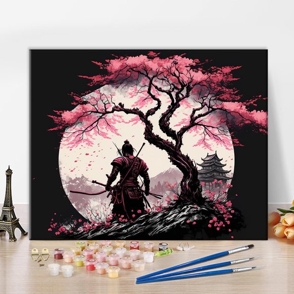 shiyou-Samurai Paint by Number for Adults, Sakura Tree Paint by Numbers Kits for Beginner, Samurai Art Painting Kit DIY Canvas Arts with Brushes and Pigment, 16x20 Inch